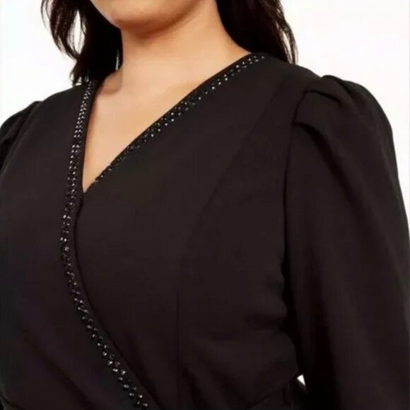 Calvin Klein Women's Black Surplice V Neck Rhinestone Jumpsuit Plus Sleeves 14W - Picture 2 of 16